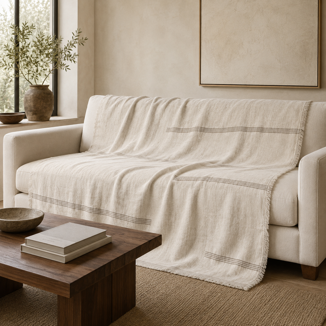 RiftStripe Offset-Band Linen Throw